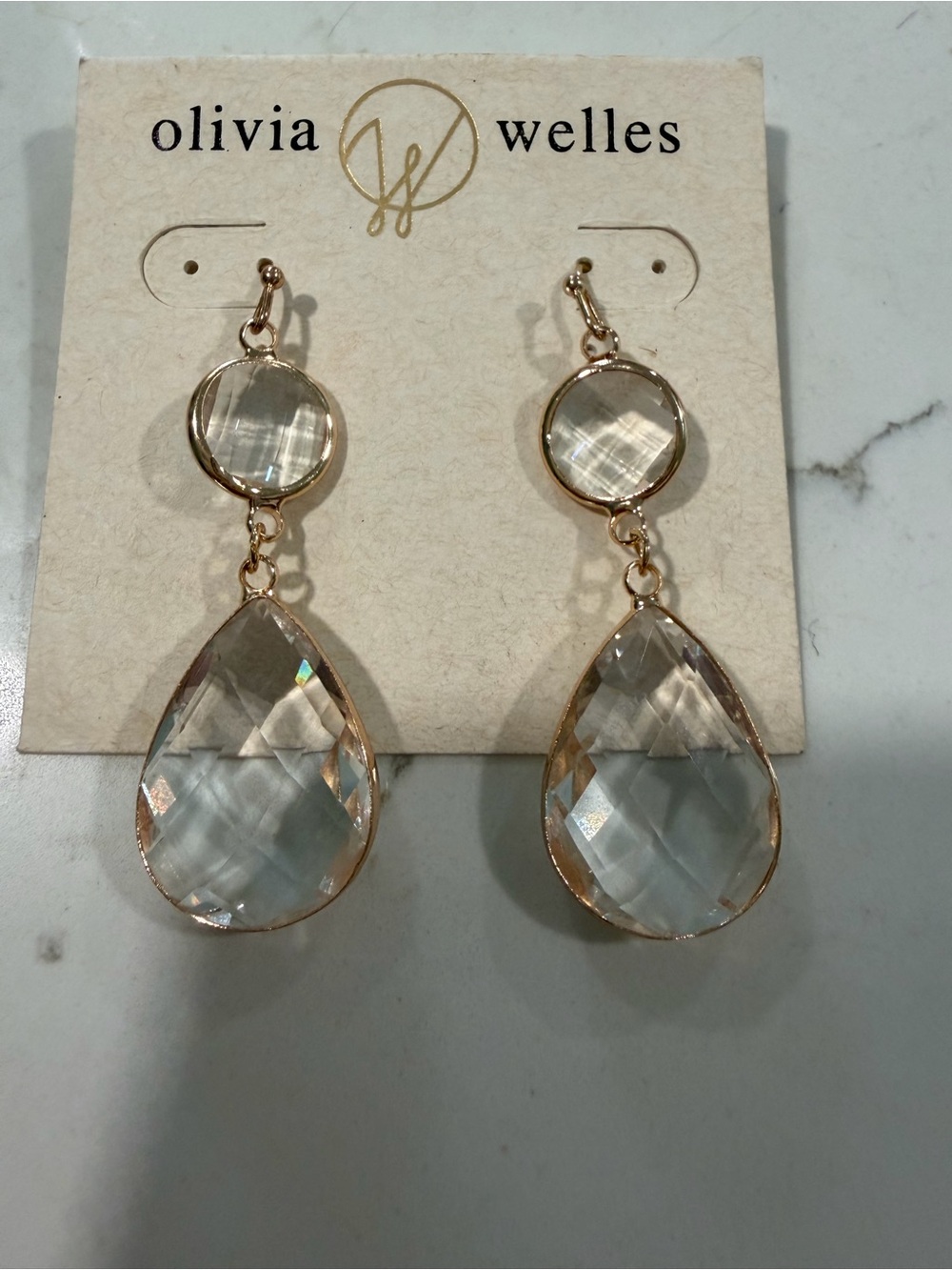 Olivia Welles Clear Faceted Teardrop Dangle Earrings with Gold Frames
